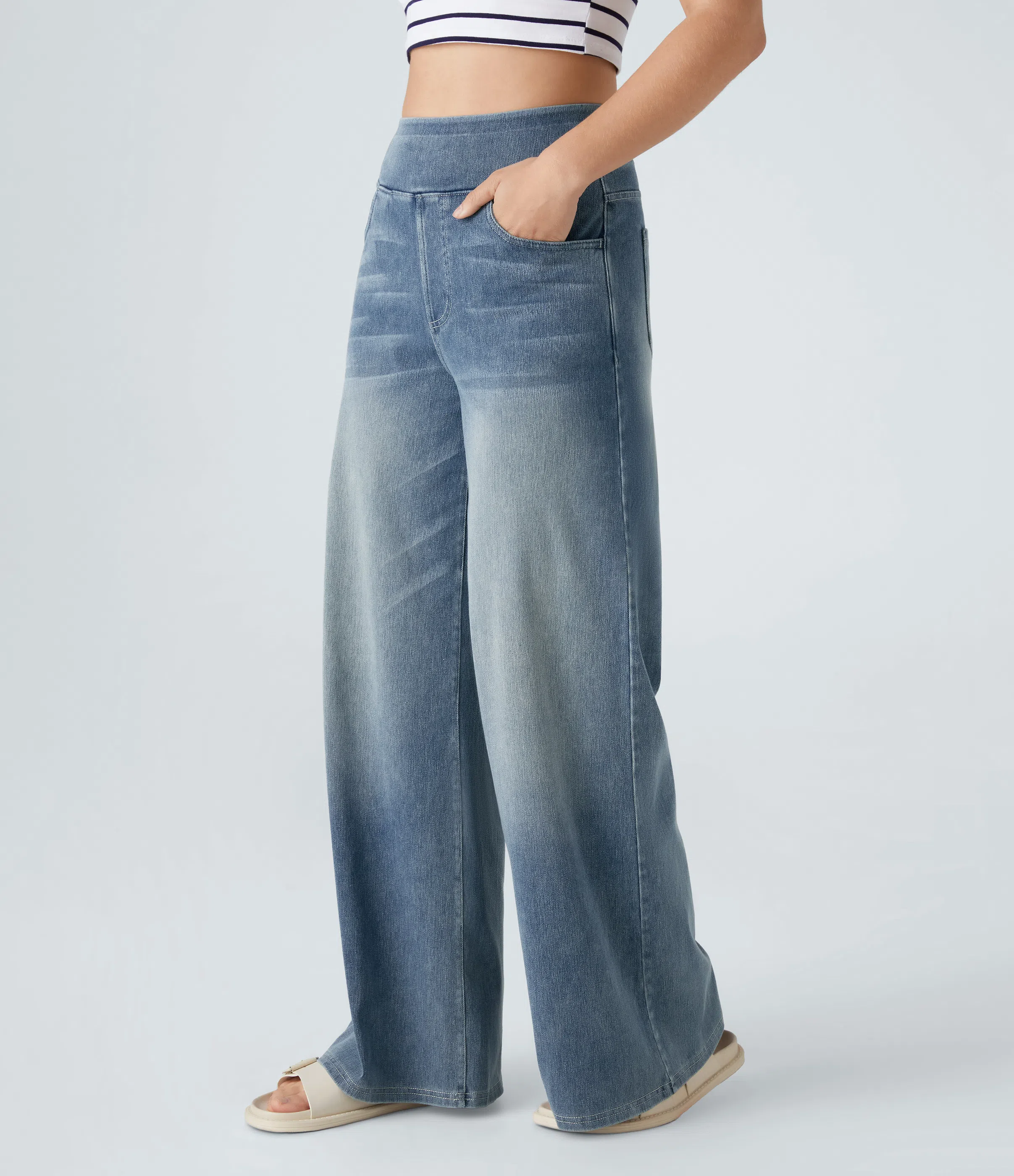 High Waisted Multiple Pockets Baggy Wide Leg Washed Stretchy Knit Casual Jeans