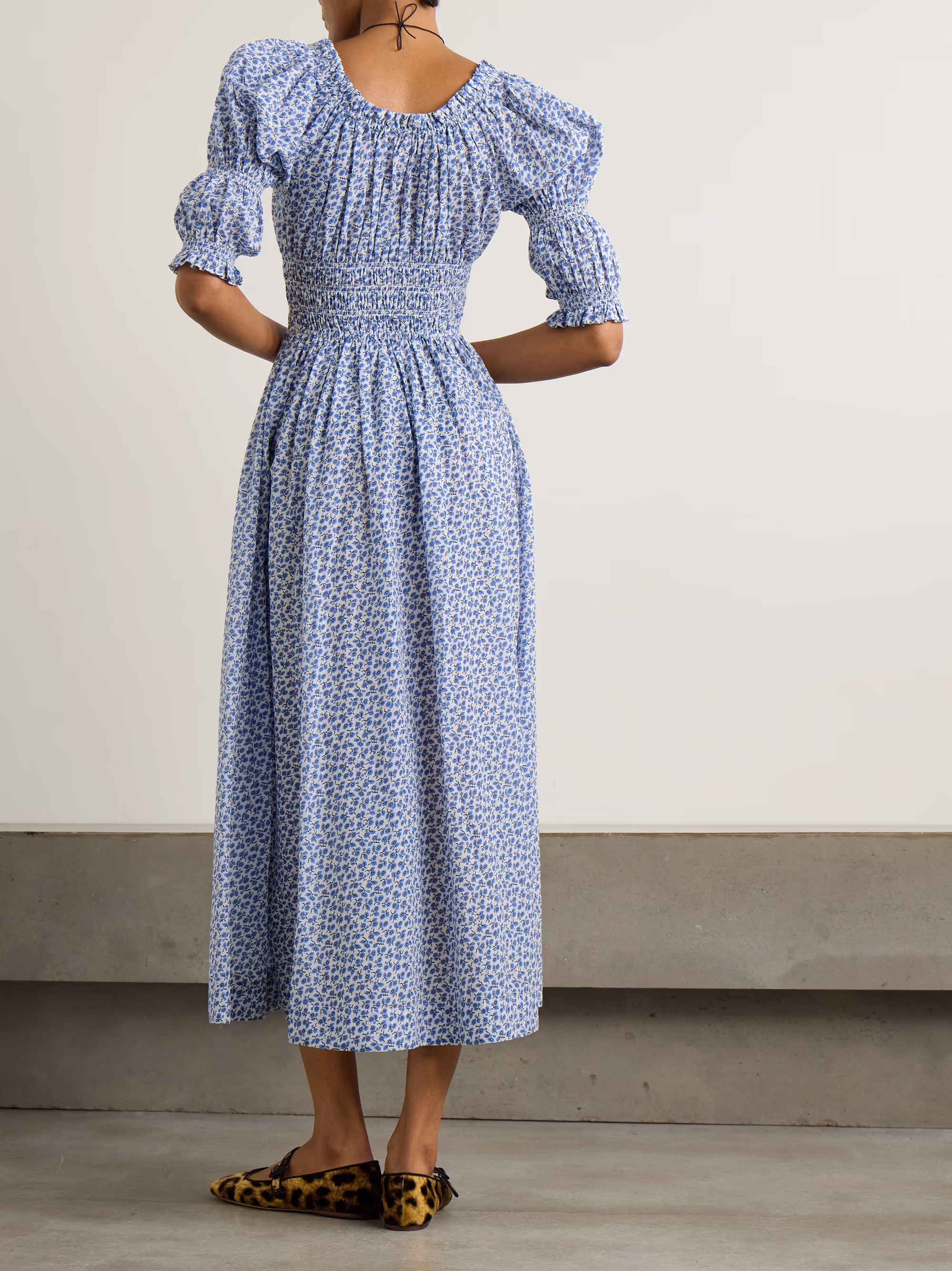 Ischia shirred floral-print organic cotton-voile midi dress