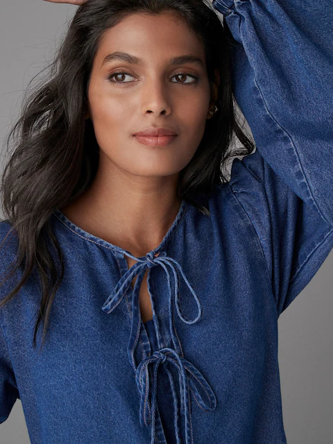 Mid Blue Tie Front Denim Midi Smock 100% Cotton Dress