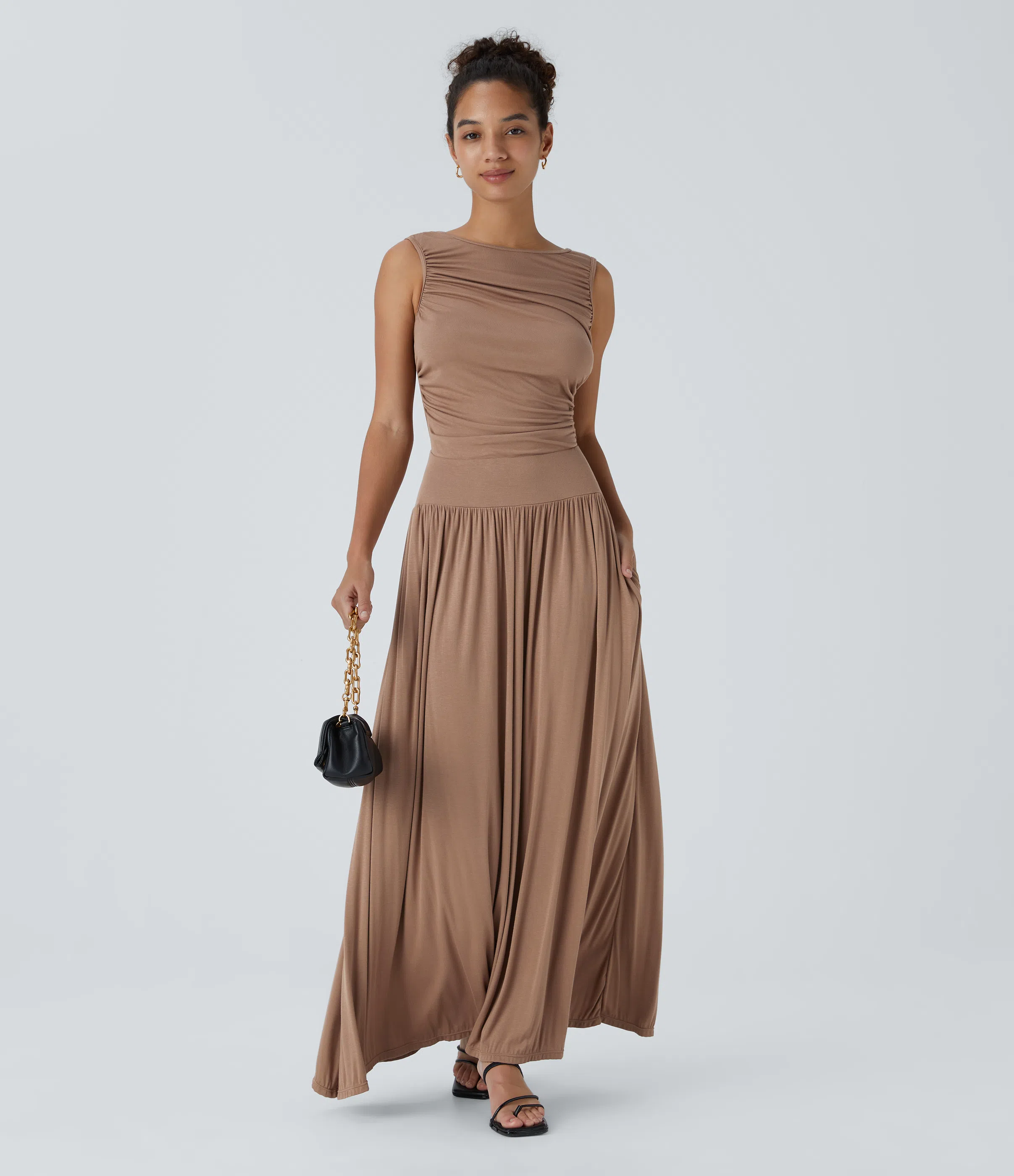 Ribbed Boat Neck Asymmetric Strap Ruched Side Pocket Flowy Maxi Casual Dress