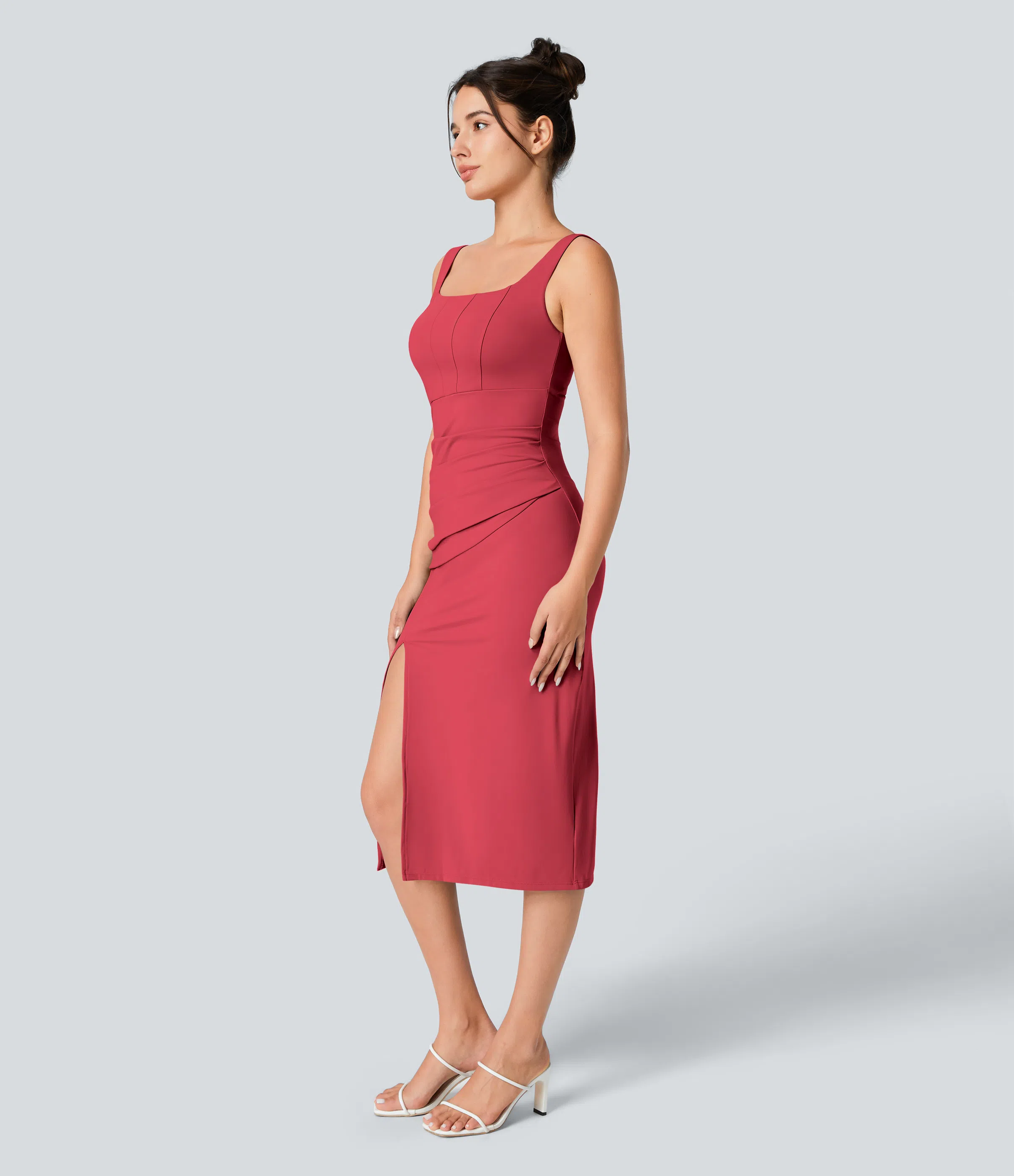 Square Neck Backless Corset Ruched Split Bodycon Midi Casual Dress