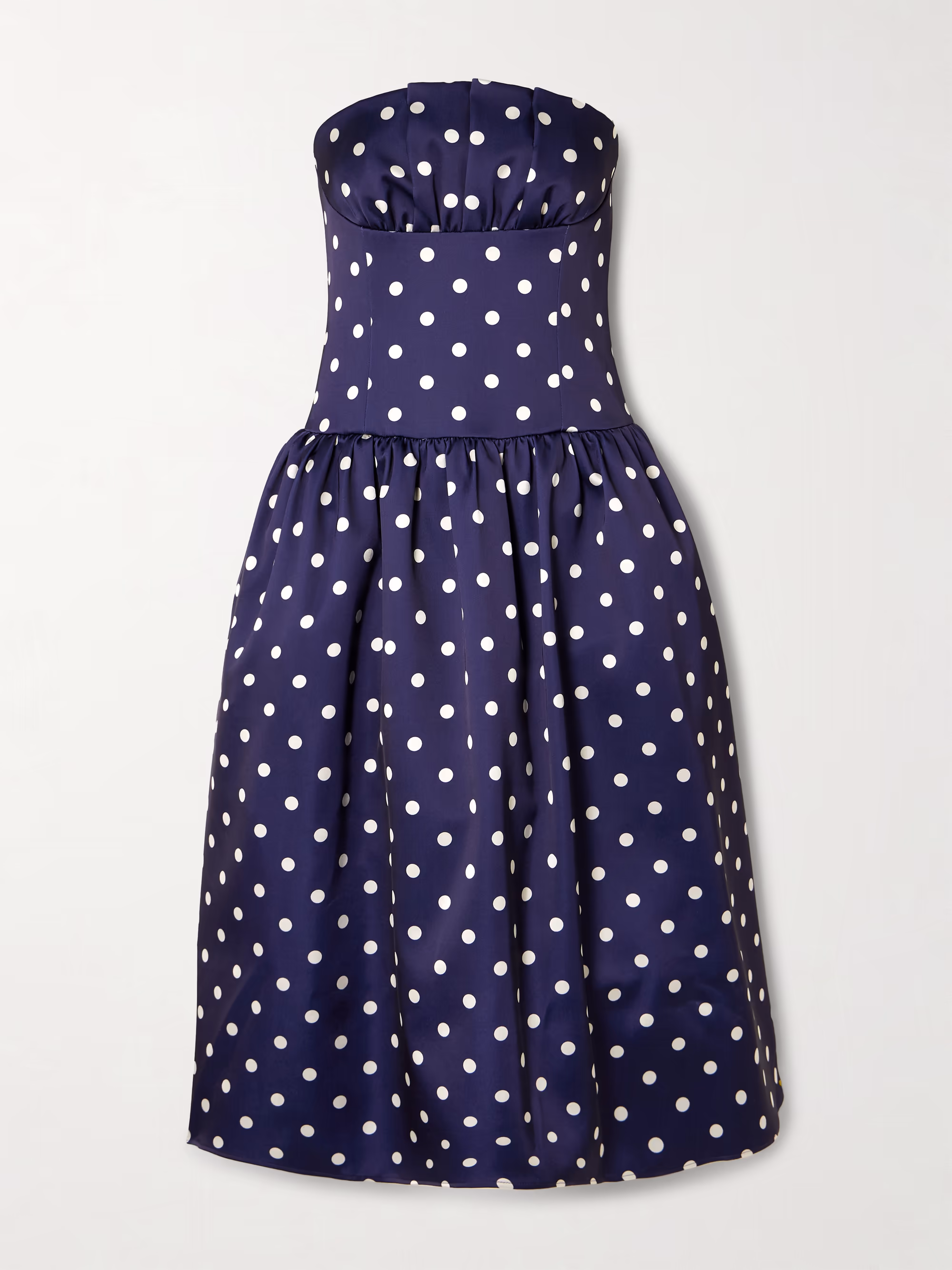 Strapless pleated polka-dot satin midi dress