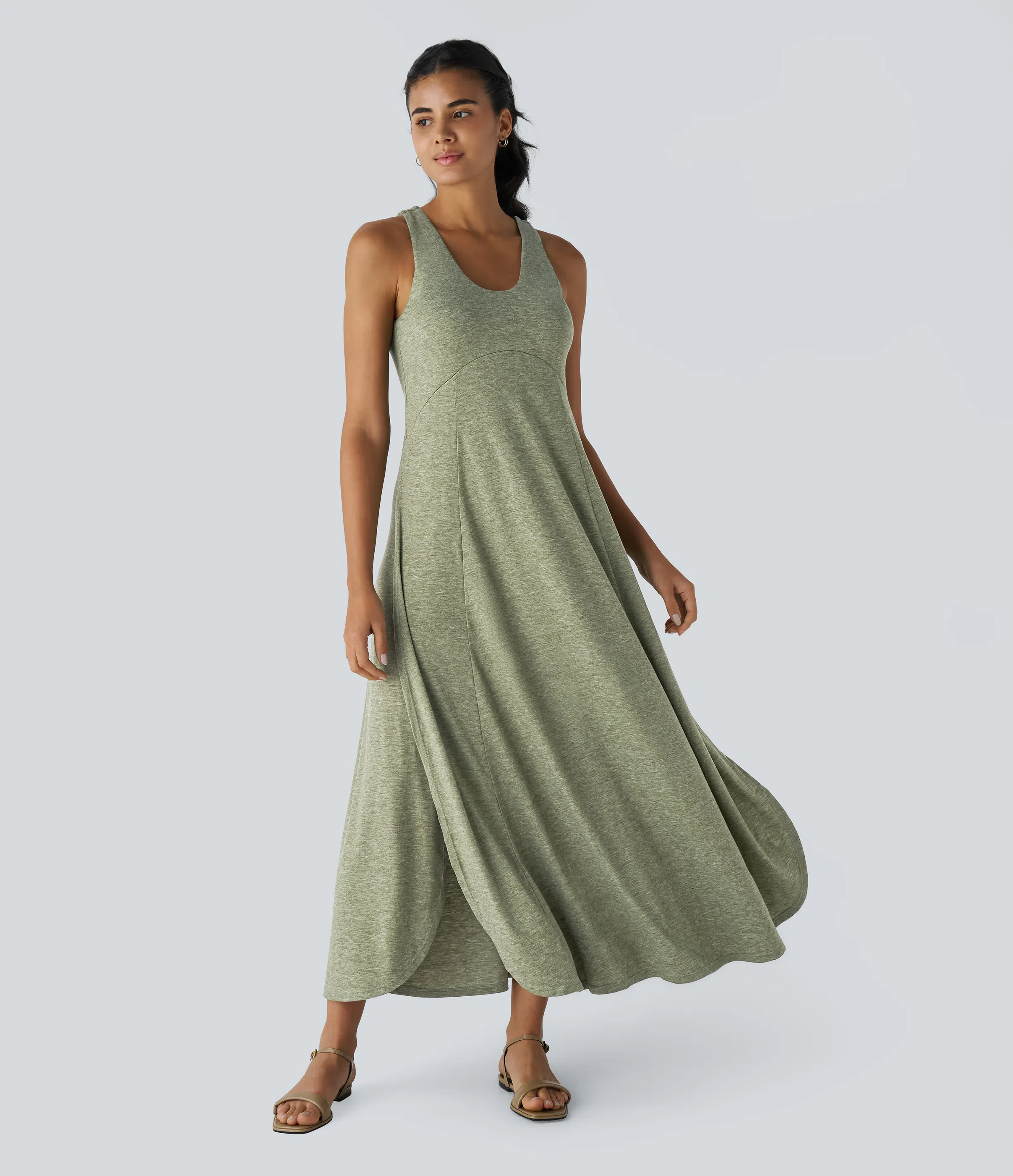 U Neck Backless Split Flowy Maxi Casual Tank Dress