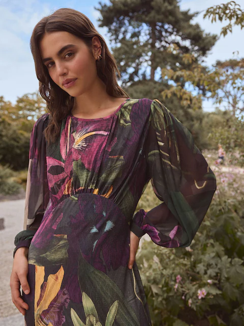 Black Floral Print Kew Collection Long Sleeve Maxi Dress