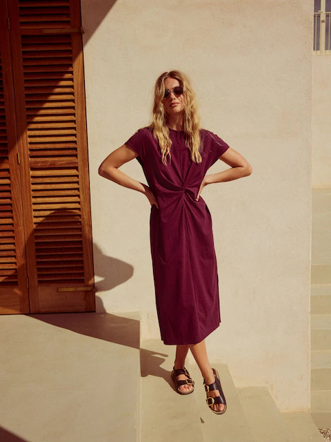 Plum Purple 100% Cotton Twist Short Sleeved T-Shirt Summer Dress