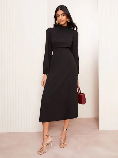 Friends Like These Black High Neck Long Sleeve Midi Dress with Bow Detailing