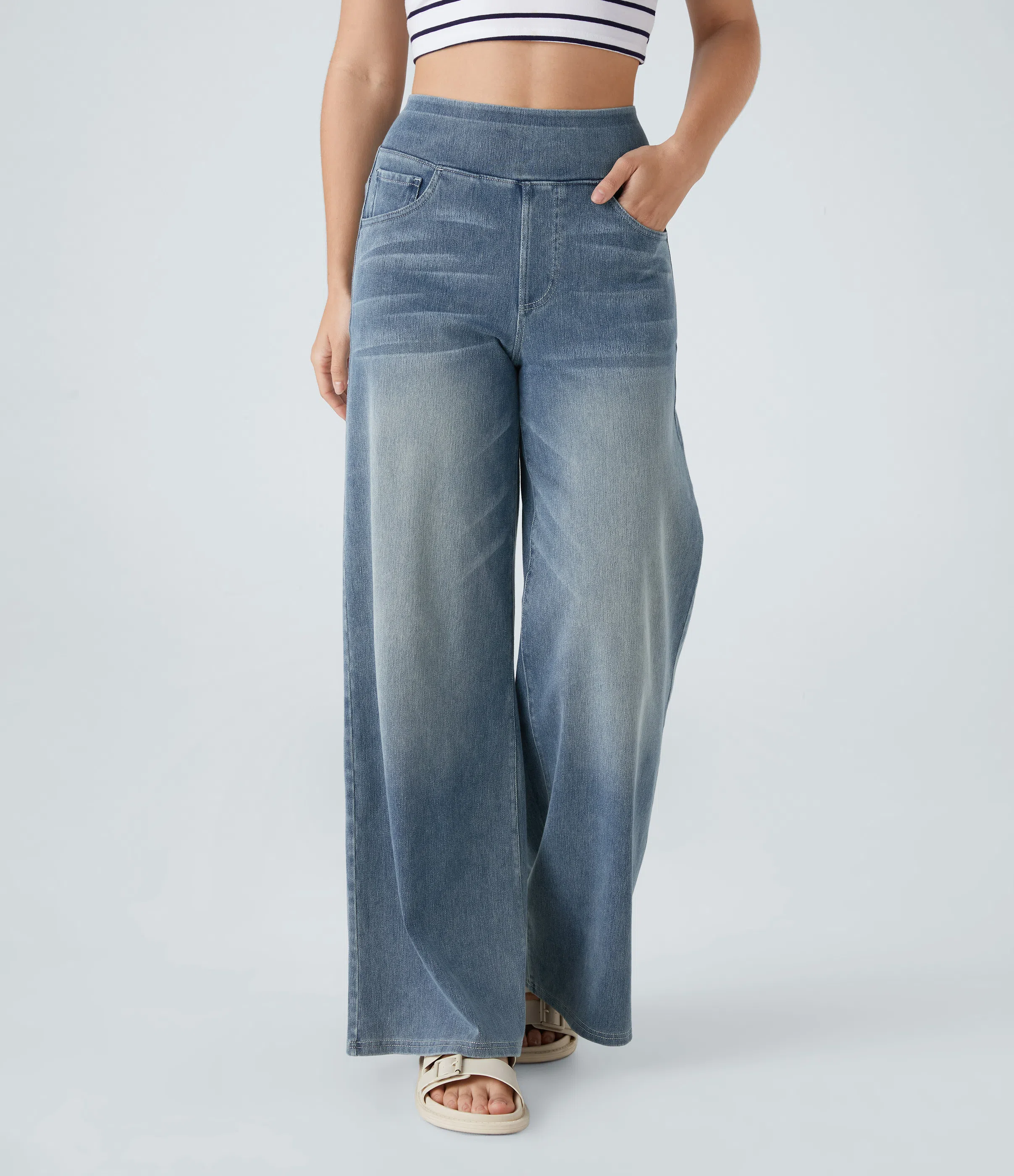 High Waisted Multiple Pockets Baggy Wide Leg Washed Stretchy Knit Casual Jeans