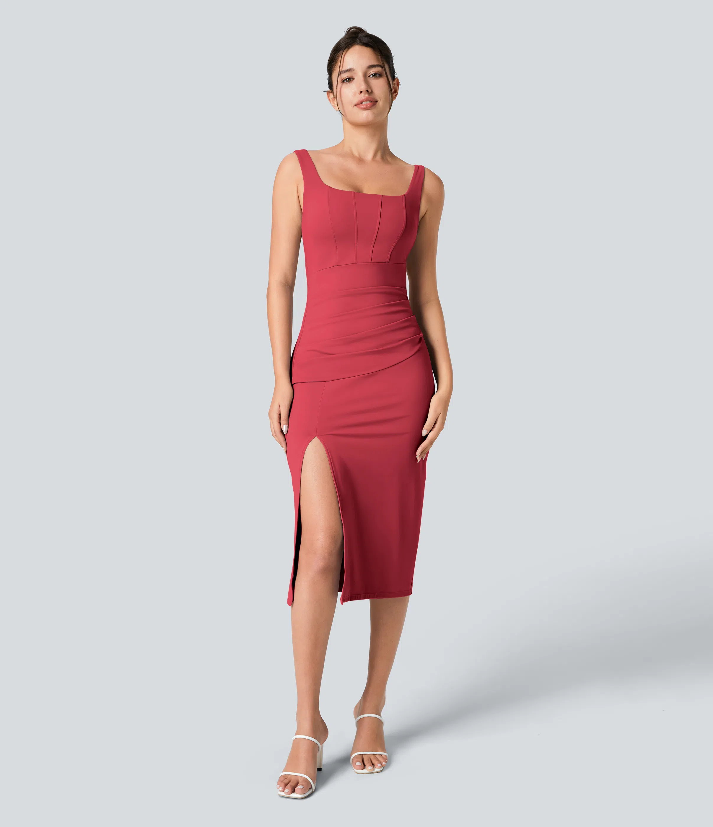 Square Neck Backless Corset Ruched Split Bodycon Midi Casual Dress