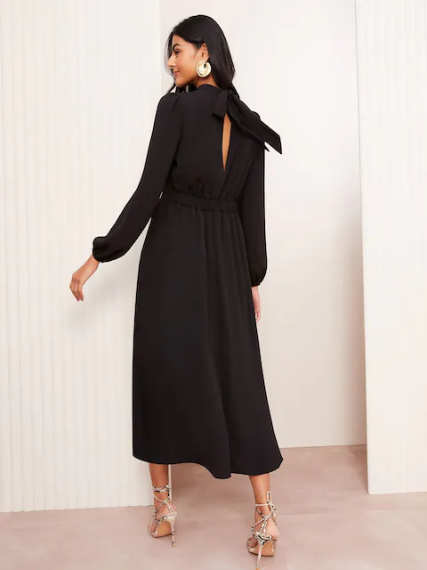 Friends Like These Black High Neck Long Sleeve Midi Dress with Bow Detailing