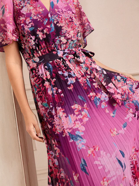 Love & Roses Pink Floral V-Neck Pleated Midi Dress