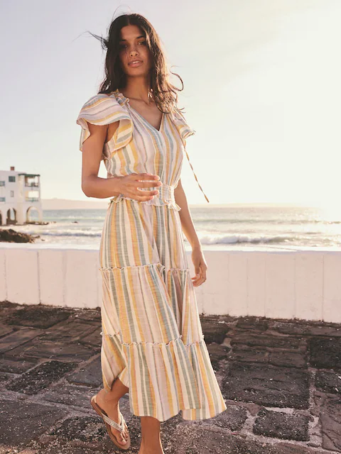 Off White and Blue Stripe Flutter Sleeve Tie Neck Elasticated Waist Tiered Midi Dress