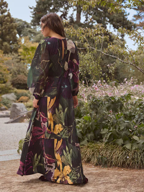 Black Floral Print Kew Collection Long Sleeve Maxi Dress