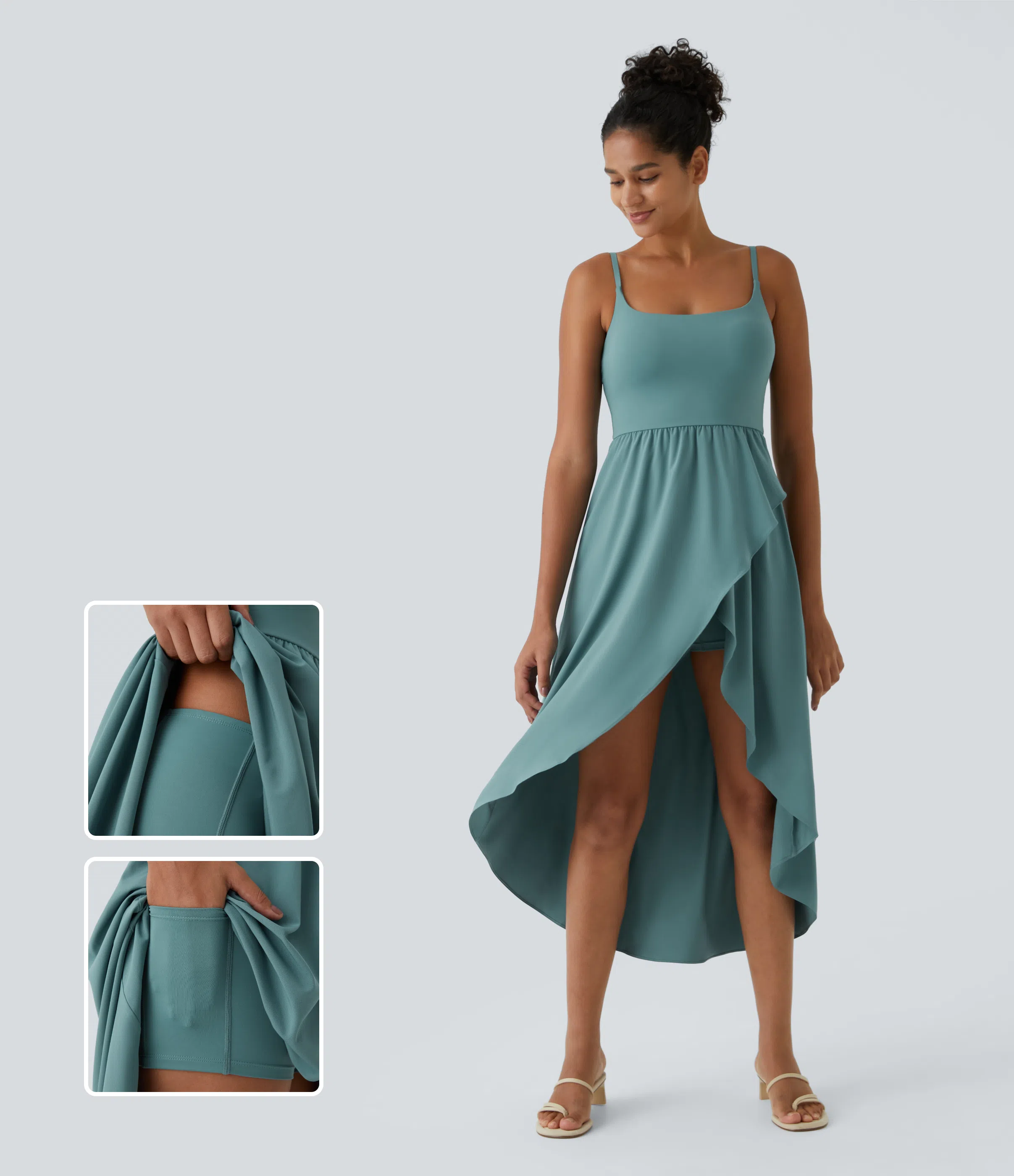 Backless High Low 2-Piece Side Pocket Flowy Midi Quick Dry Casual Dress