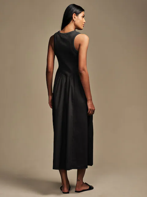 Black Woven Jersey Mix Sleeveless Racer Ribbed Midi Dress