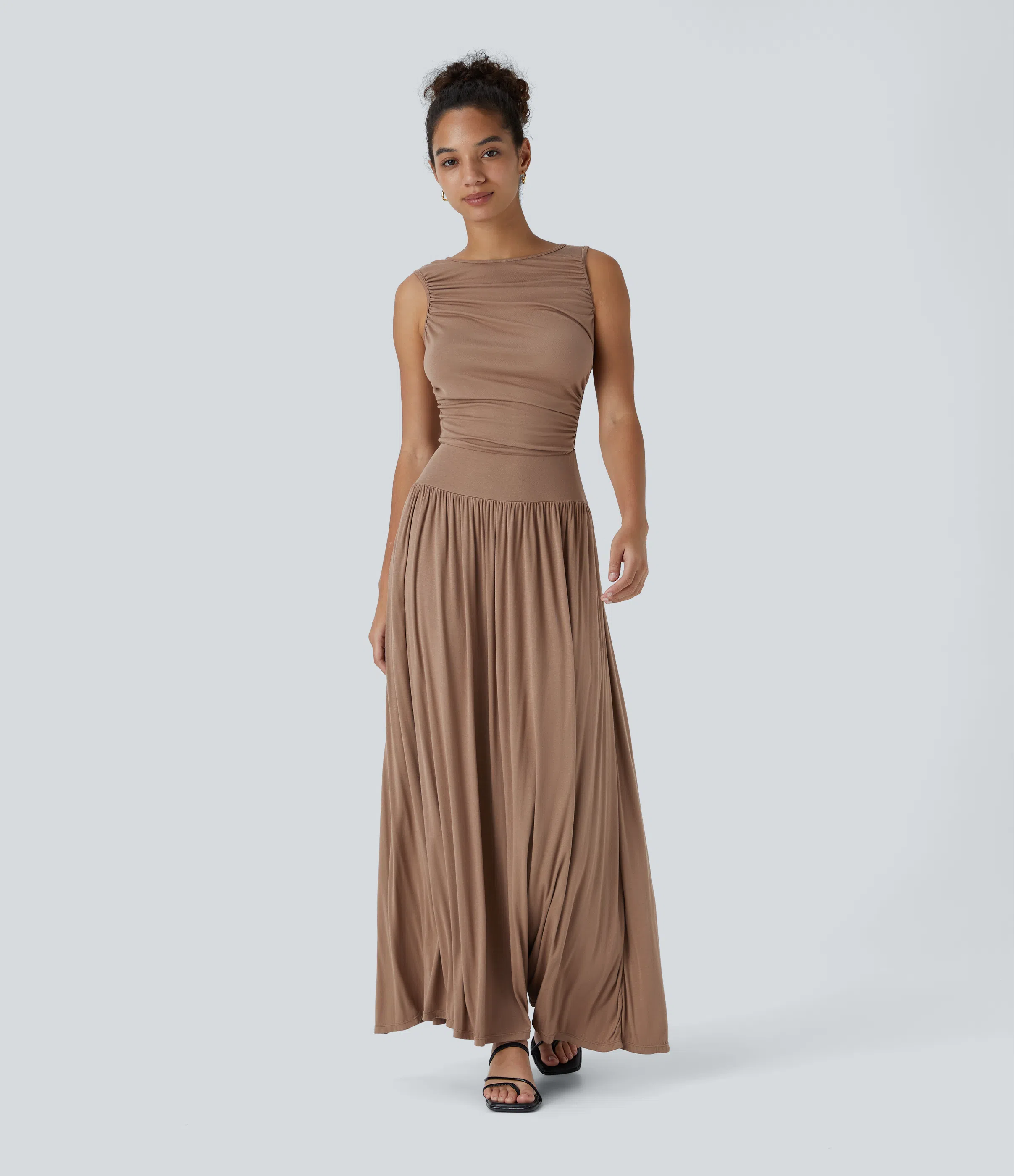 Ribbed Boat Neck Asymmetric Strap Ruched Side Pocket Flowy Maxi Casual Dress