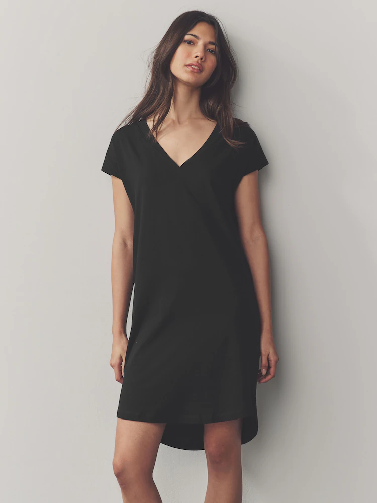 Black 100% Cotton Cap Sleeve V-Neck Mini Dress