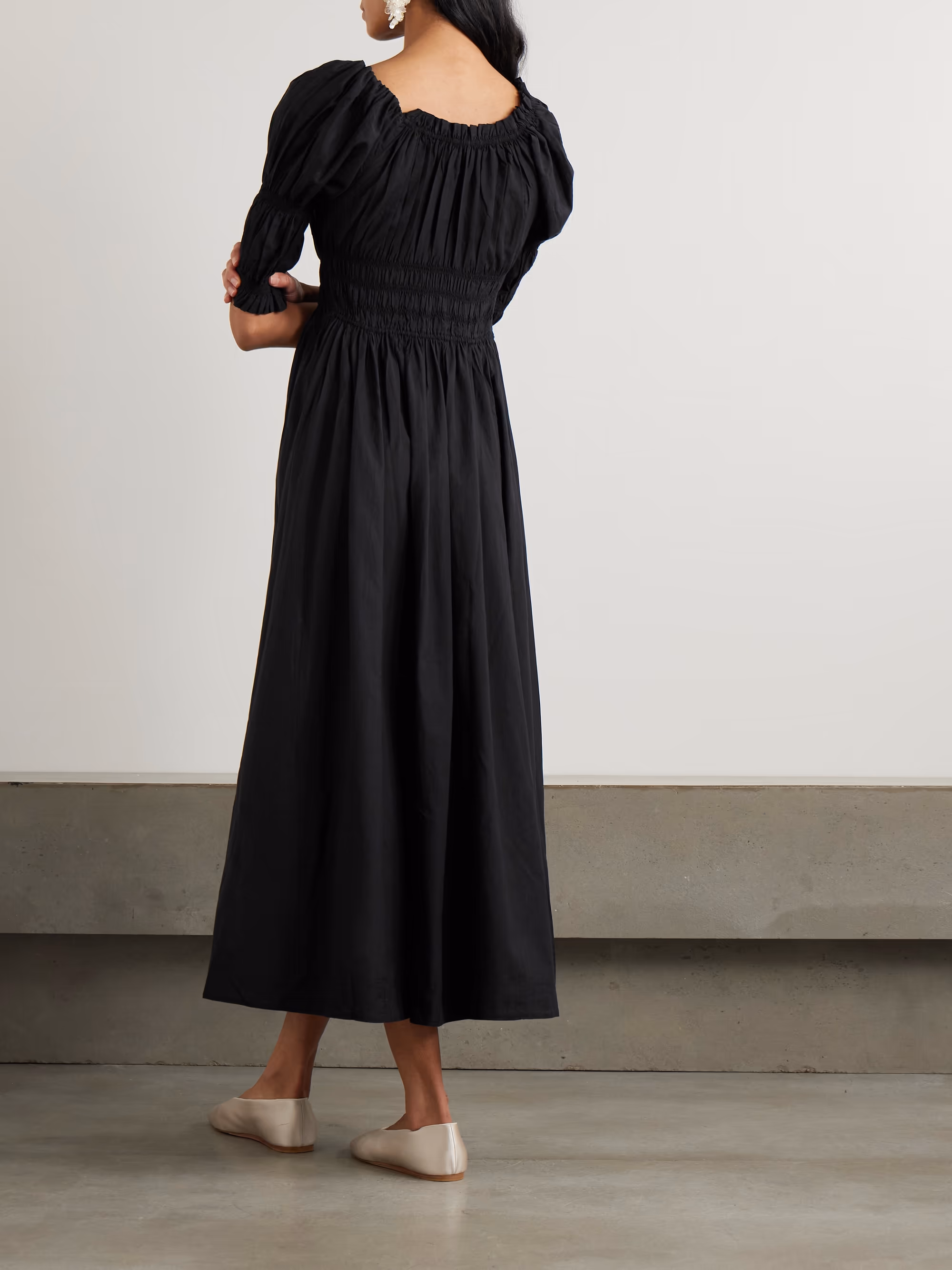Ischia shirred organic cotton-voile midi dress