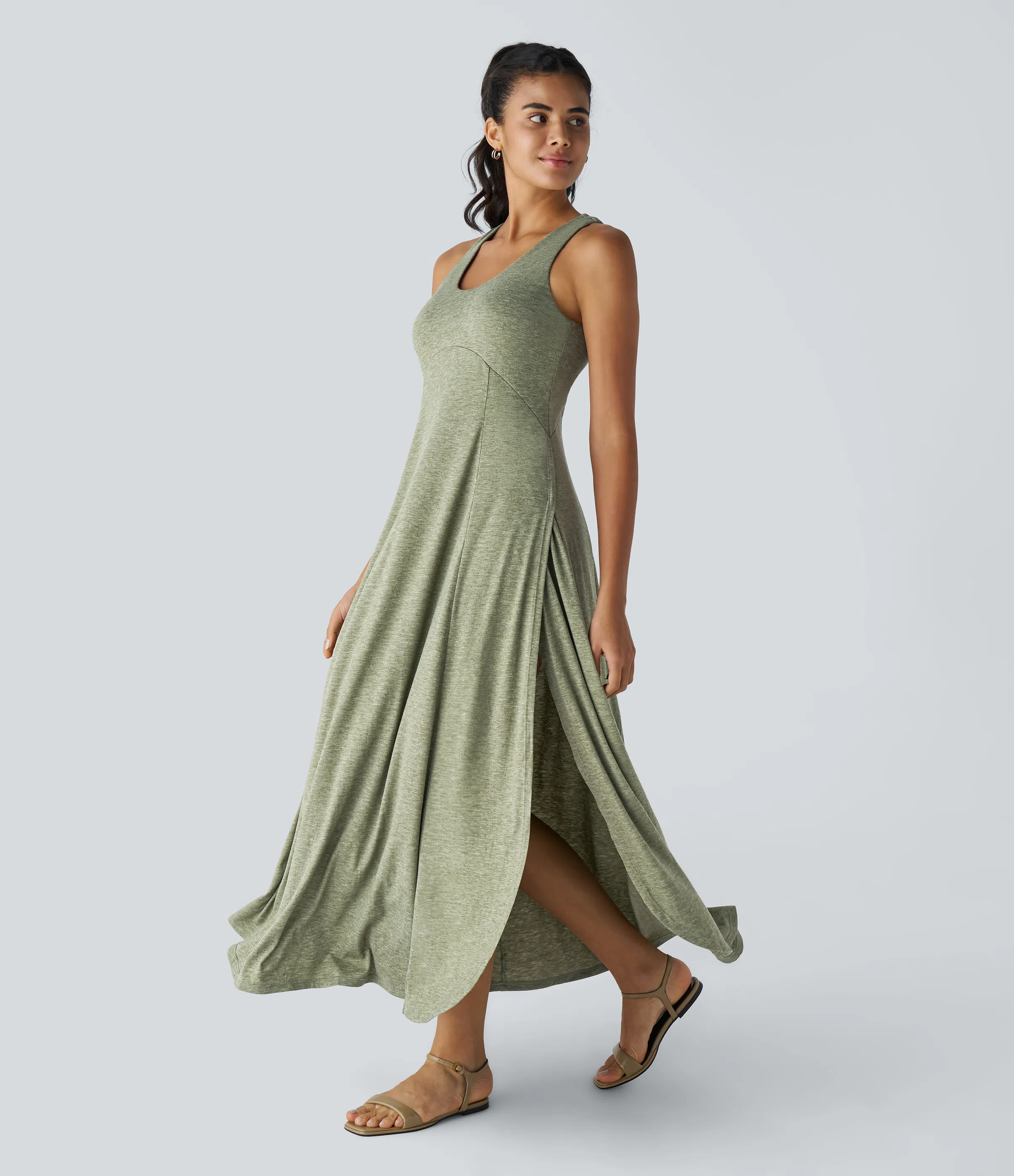 U Neck Backless Split Flowy Maxi Casual Tank Dress