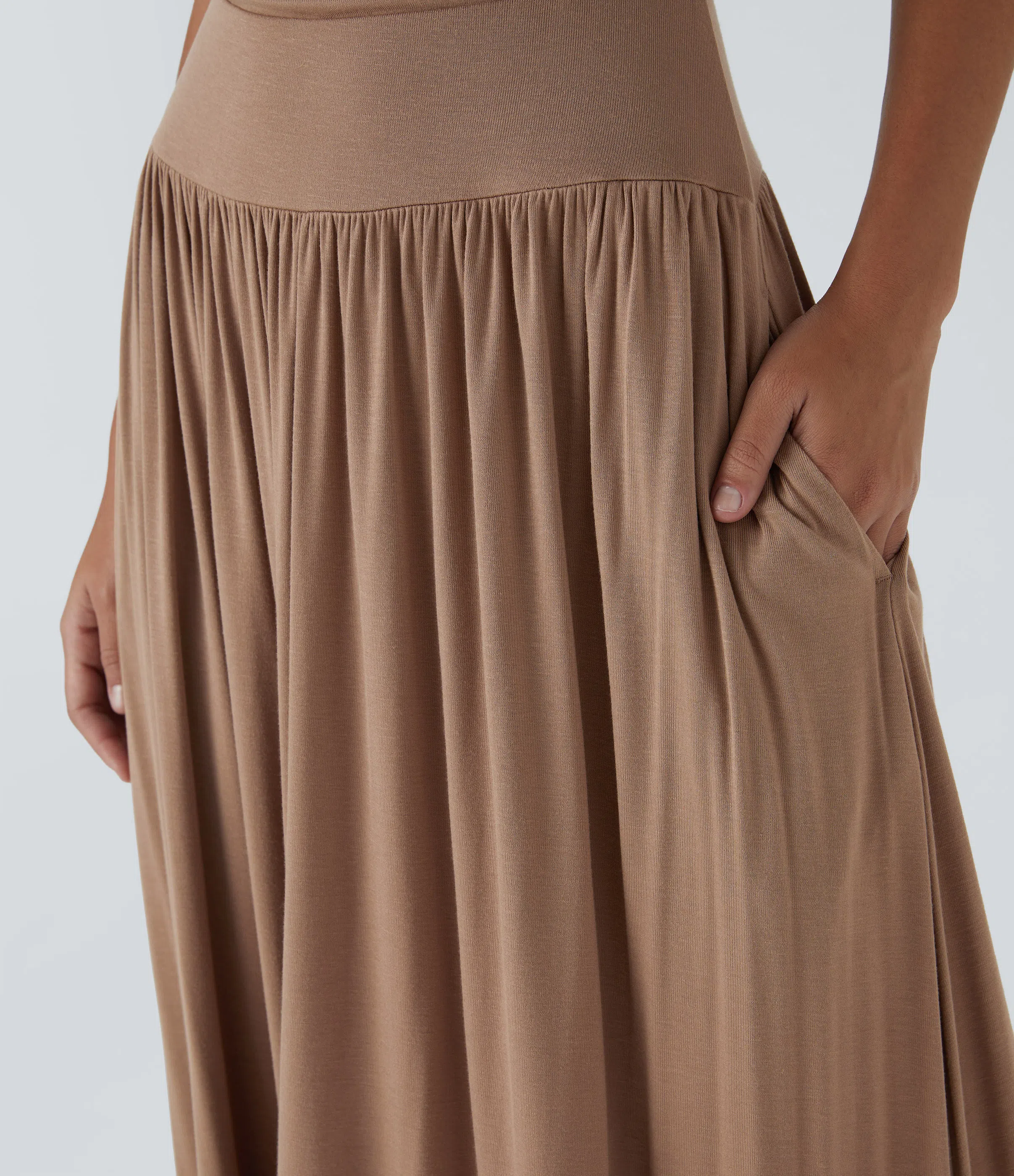 Ribbed Boat Neck Asymmetric Strap Ruched Side Pocket Flowy Maxi Casual Dress