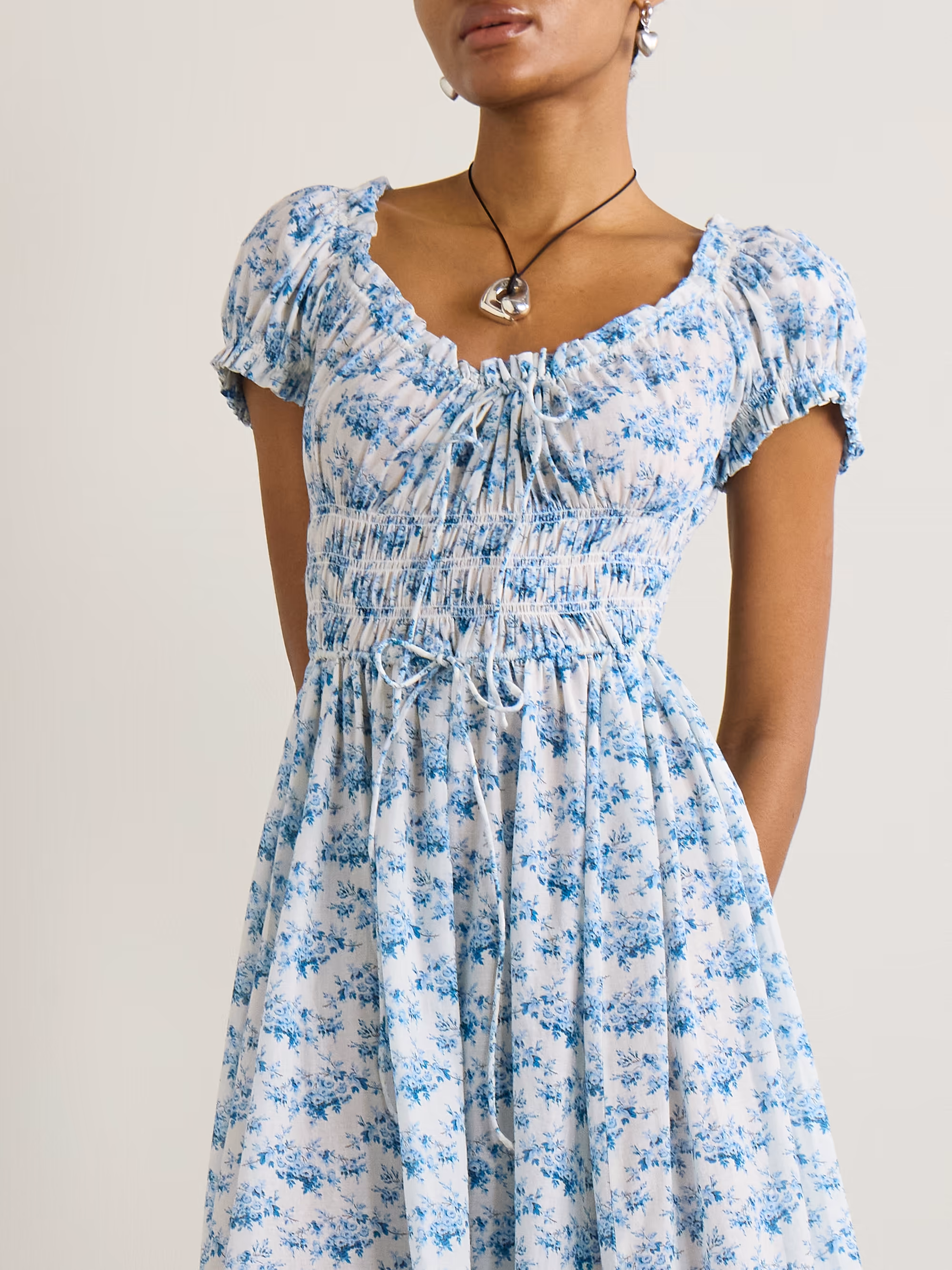 Ashlynn tie-detailed shirred floral-print organic cotton-voile midi dress