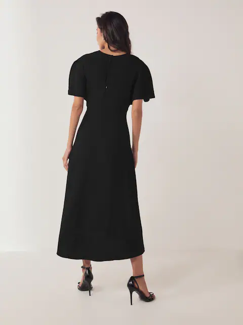 Black Short Sleeve Ruched Midi Dress