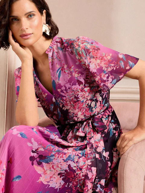 Love & Roses Pink Floral V-Neck Pleated Midi Dress