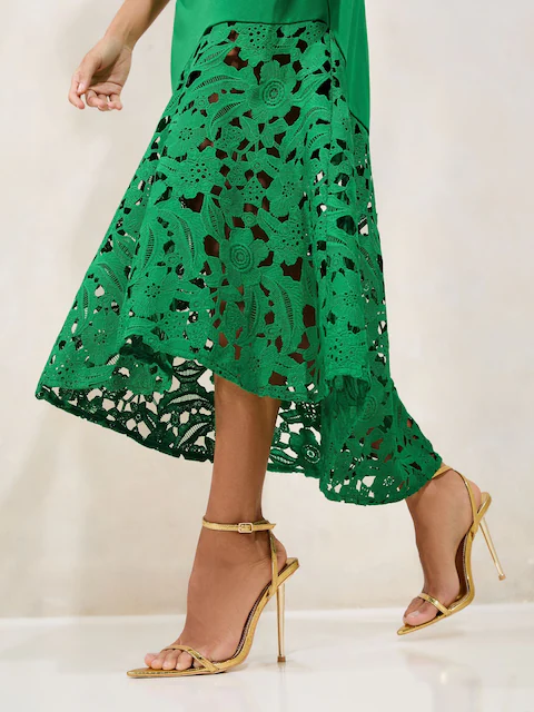 Lipsy Green Floral Lace Mix Fit And Flare Midi Dress