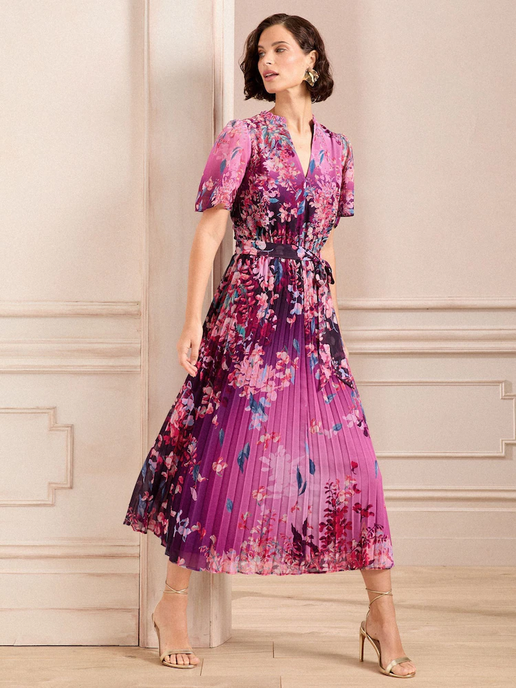 Love & Roses Pink Floral V-Neck Pleated Midi Dress