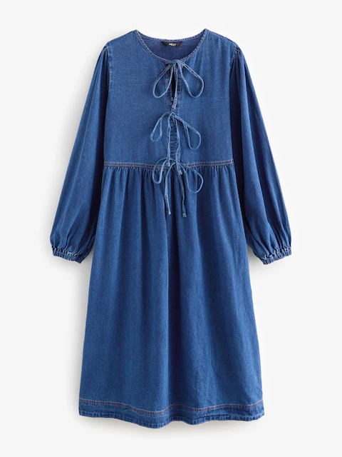 Mid Blue Tie Front Denim Midi Smock 100% Cotton Dress