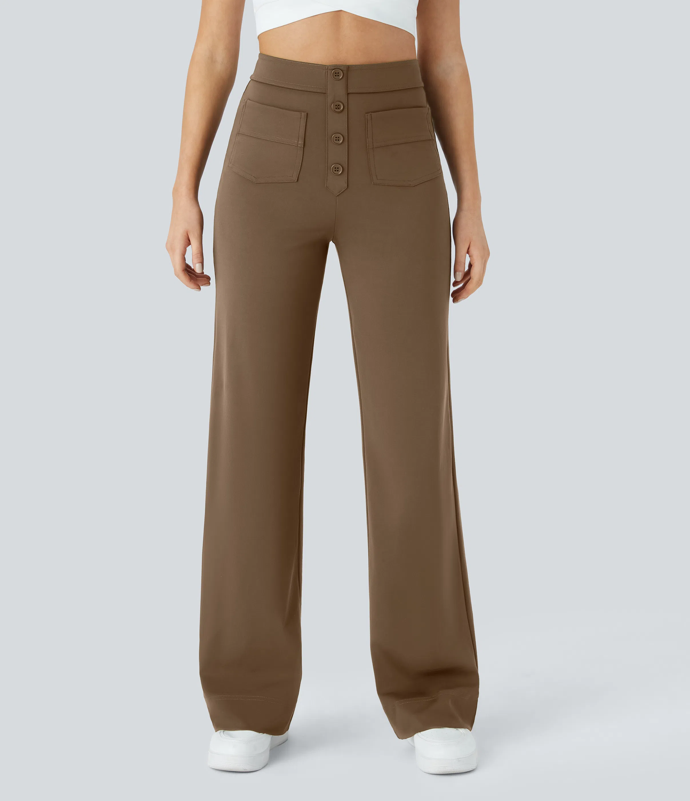 High Waisted Button Multiple Pockets Straight Leg Casual Pants