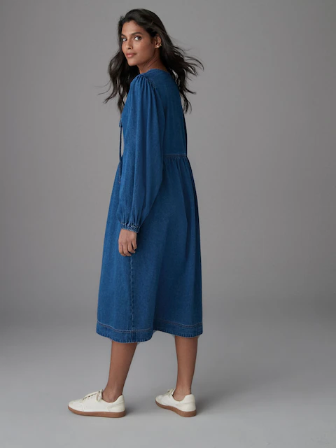Mid Blue Tie Front Denim Midi Smock 100% Cotton Dress