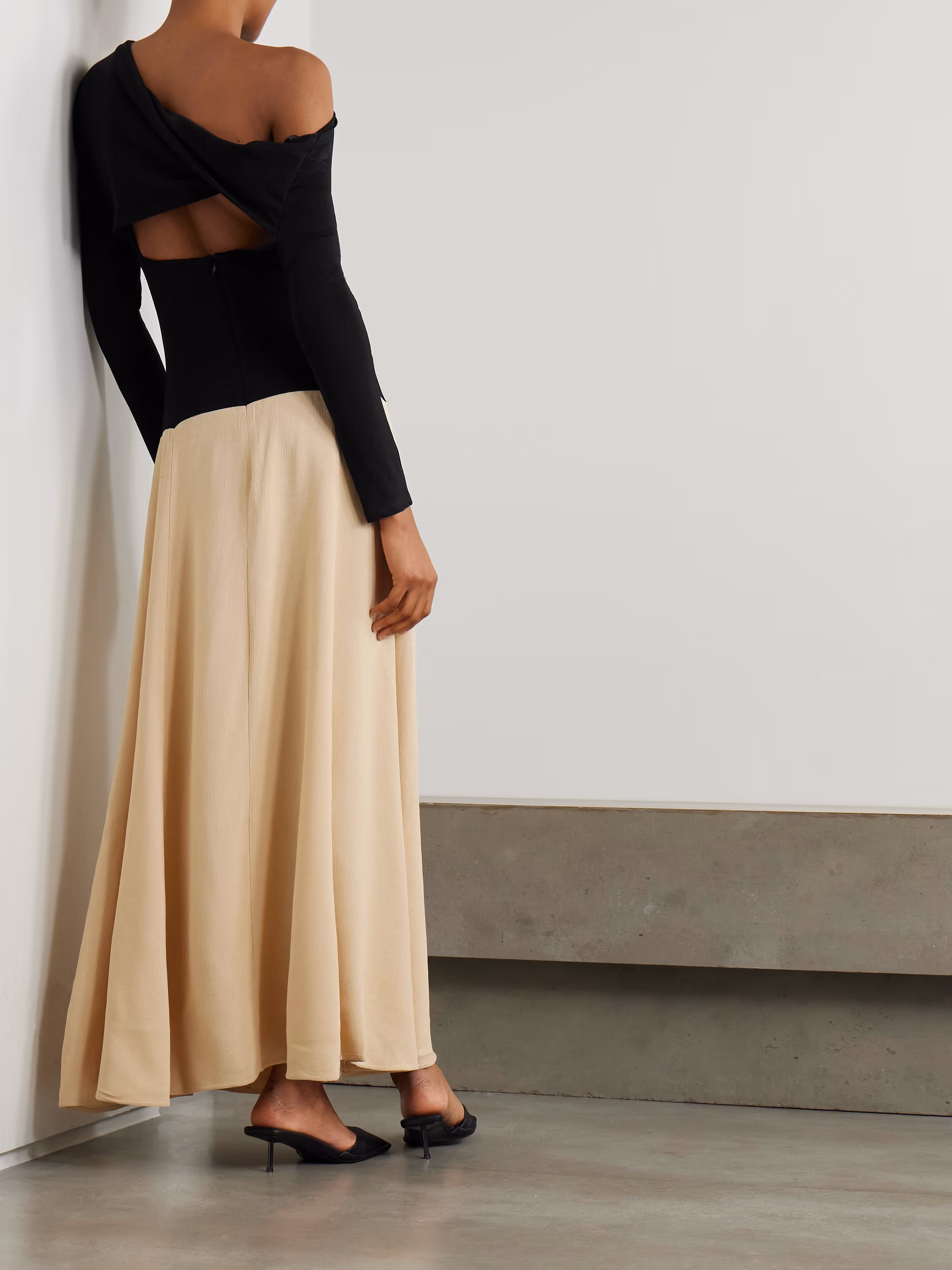 Dasha Duo asymmetric cutout stretch-knit and gauze maxi dress