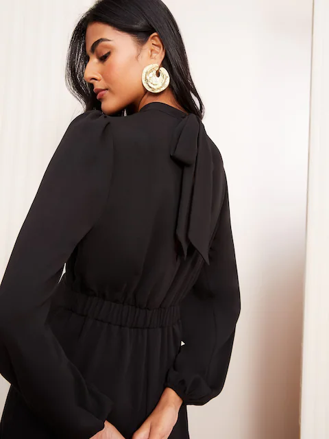 Friends Like These Black High Neck Long Sleeve Midi Dress with Bow Detailing