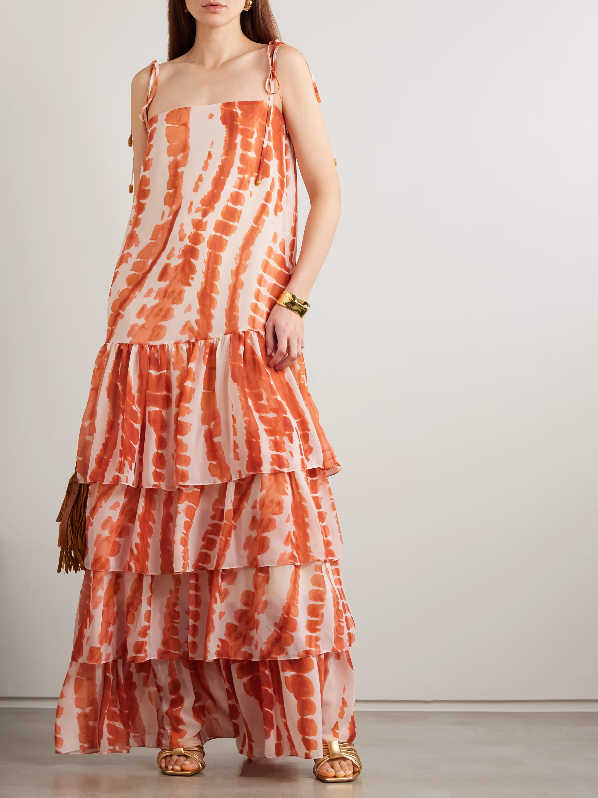 Tha embellished tiered printed recycled-chiffon maxi dress