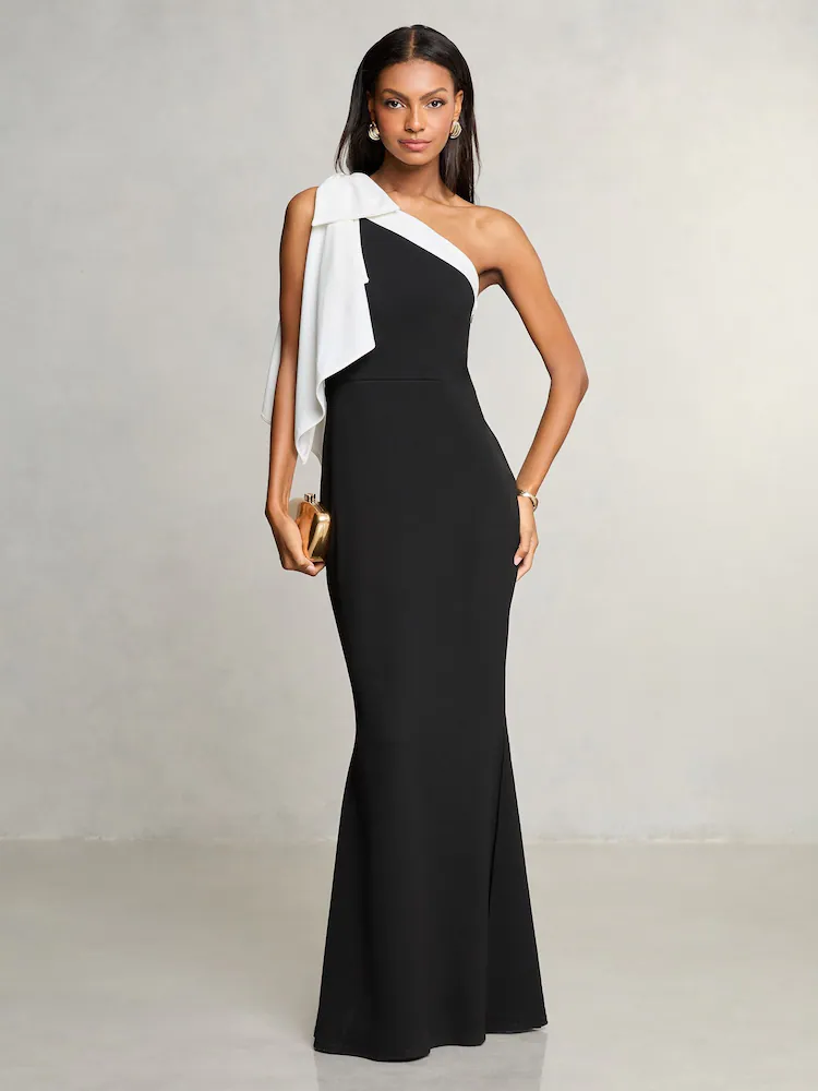 Lipsy Black/White One Shoulder Bow Maxi Dress