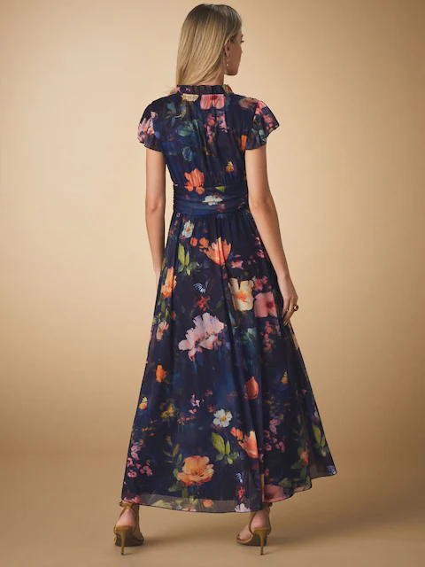 Navy Blue Floral Pleated Mesh Print V-Neck Occasion Midi Dress