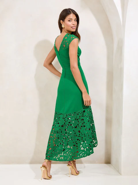Lipsy Green Floral Lace Mix Fit And Flare Midi Dress