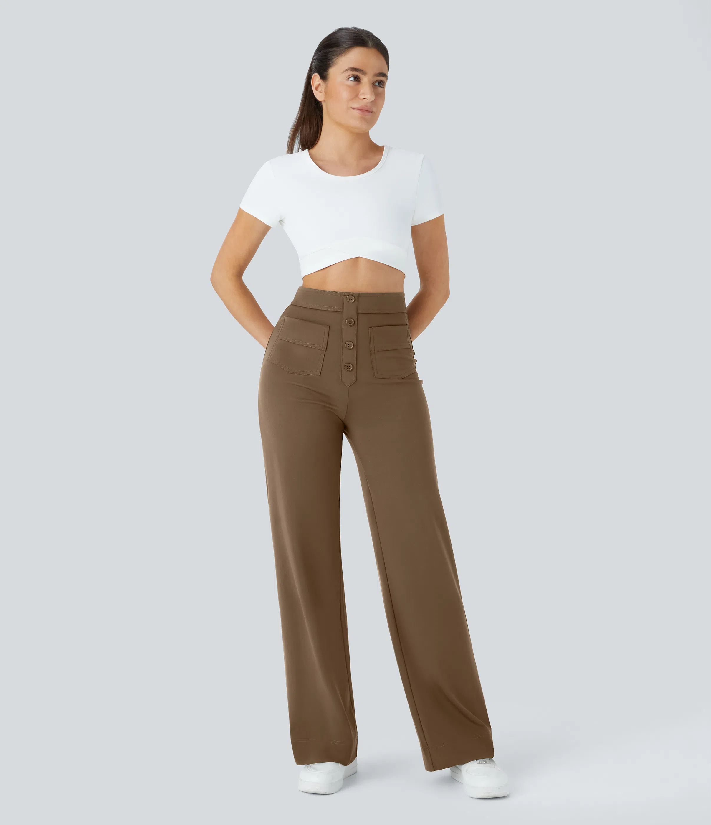 High Waisted Button Multiple Pockets Straight Leg Casual Pants