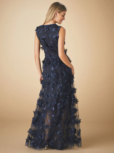 Blue Navy 3D Floral Print Textured V-Neck Maxi Dress