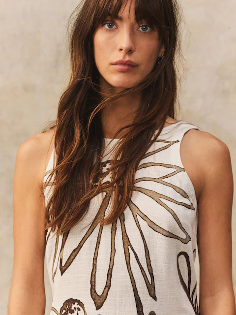 Cream Mono Placement Floral Linen Scoop Back Mini Shift Dress