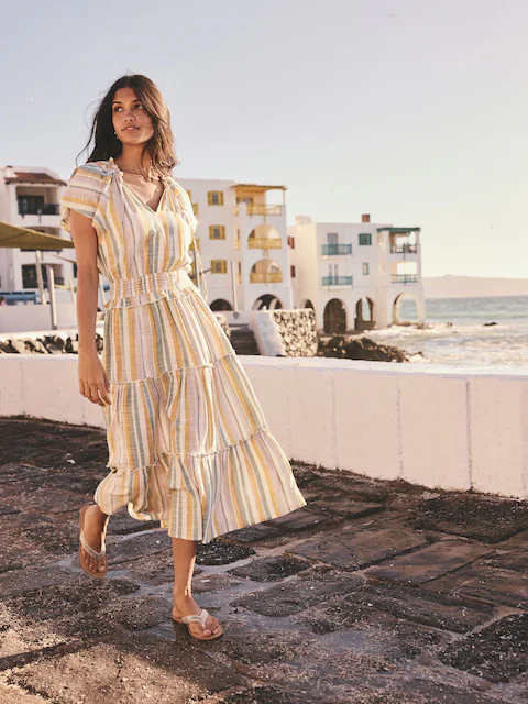 Off White and Blue Stripe Flutter Sleeve Tie Neck Elasticated Waist Tiered Midi Dress