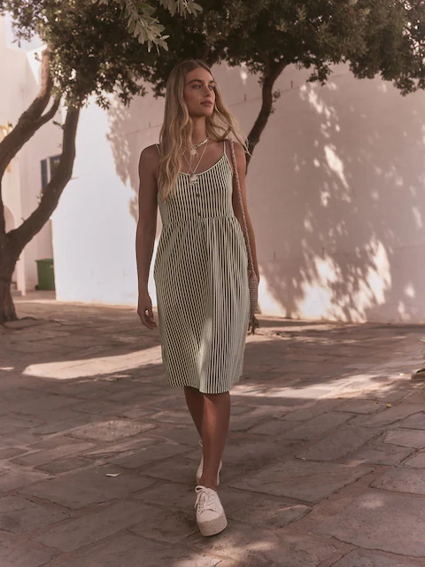 Khaki Green/White Button Down 100% Cotton Cami Summer Dress