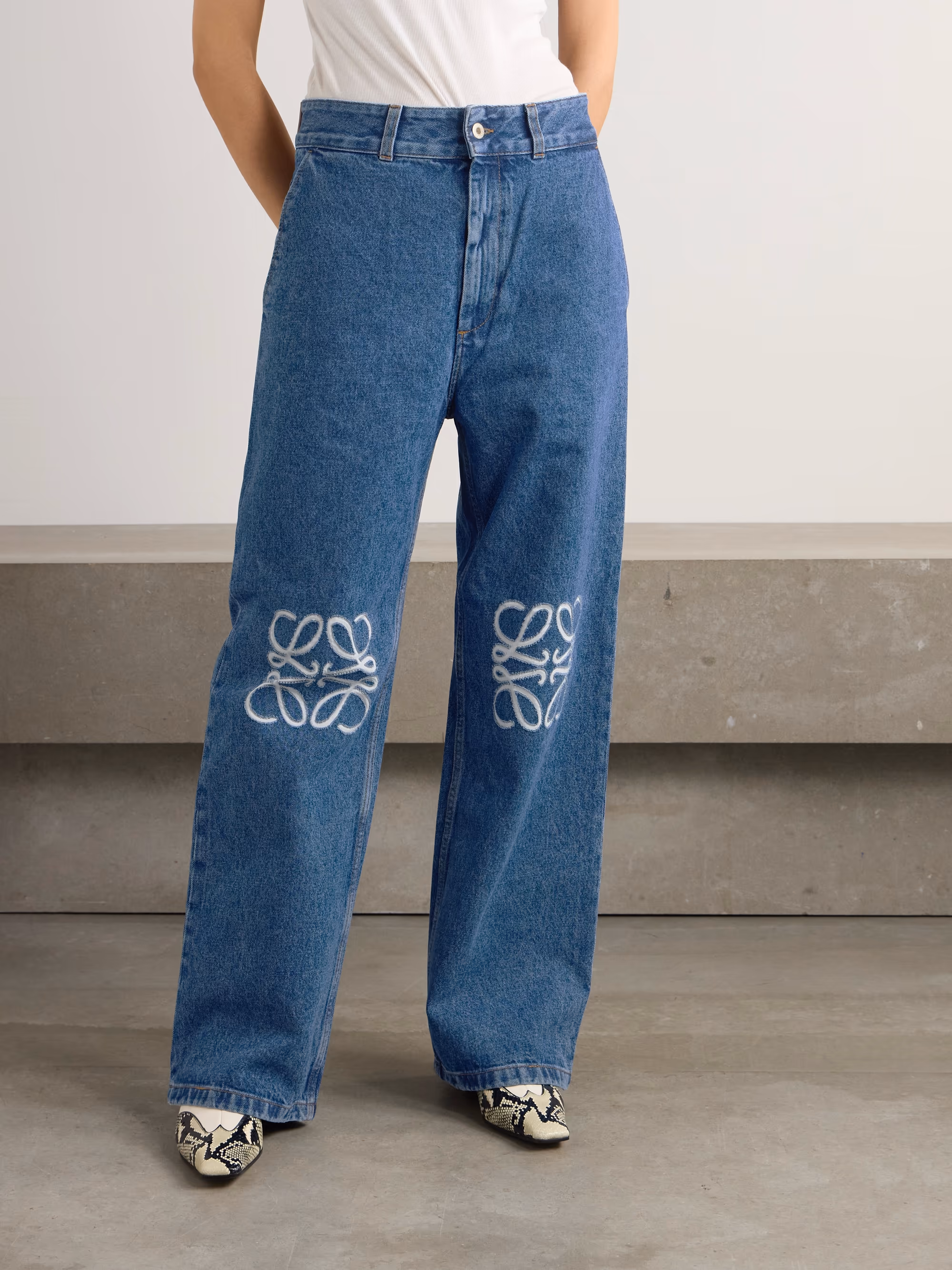 Anagram appliqued high-rise wide-leg jeans