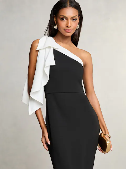 Lipsy Black/White One Shoulder Bow Maxi Dress