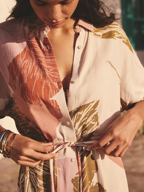 Cream Palm Print Short Sleeve Tie Waist Midi Dress with Linen