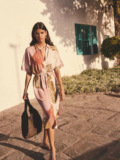 Cream Palm Print Short Sleeve Tie Waist Midi Dress with Linen