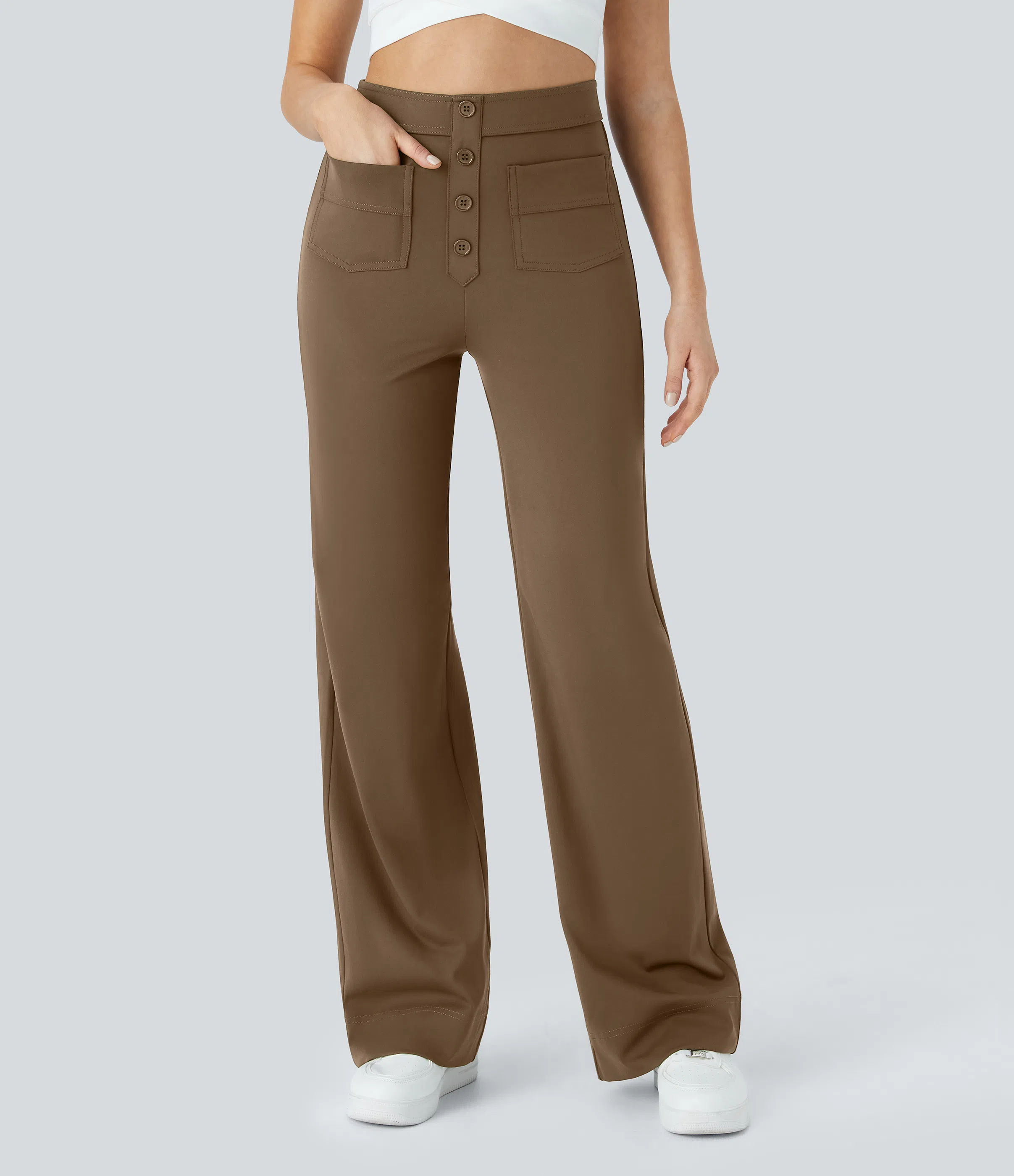 High Waisted Button Multiple Pockets Straight Leg Casual Pants