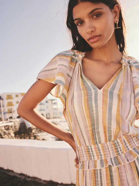 Off White and Blue Stripe Flutter Sleeve Tie Neck Elasticated Waist Tiered Midi Dress