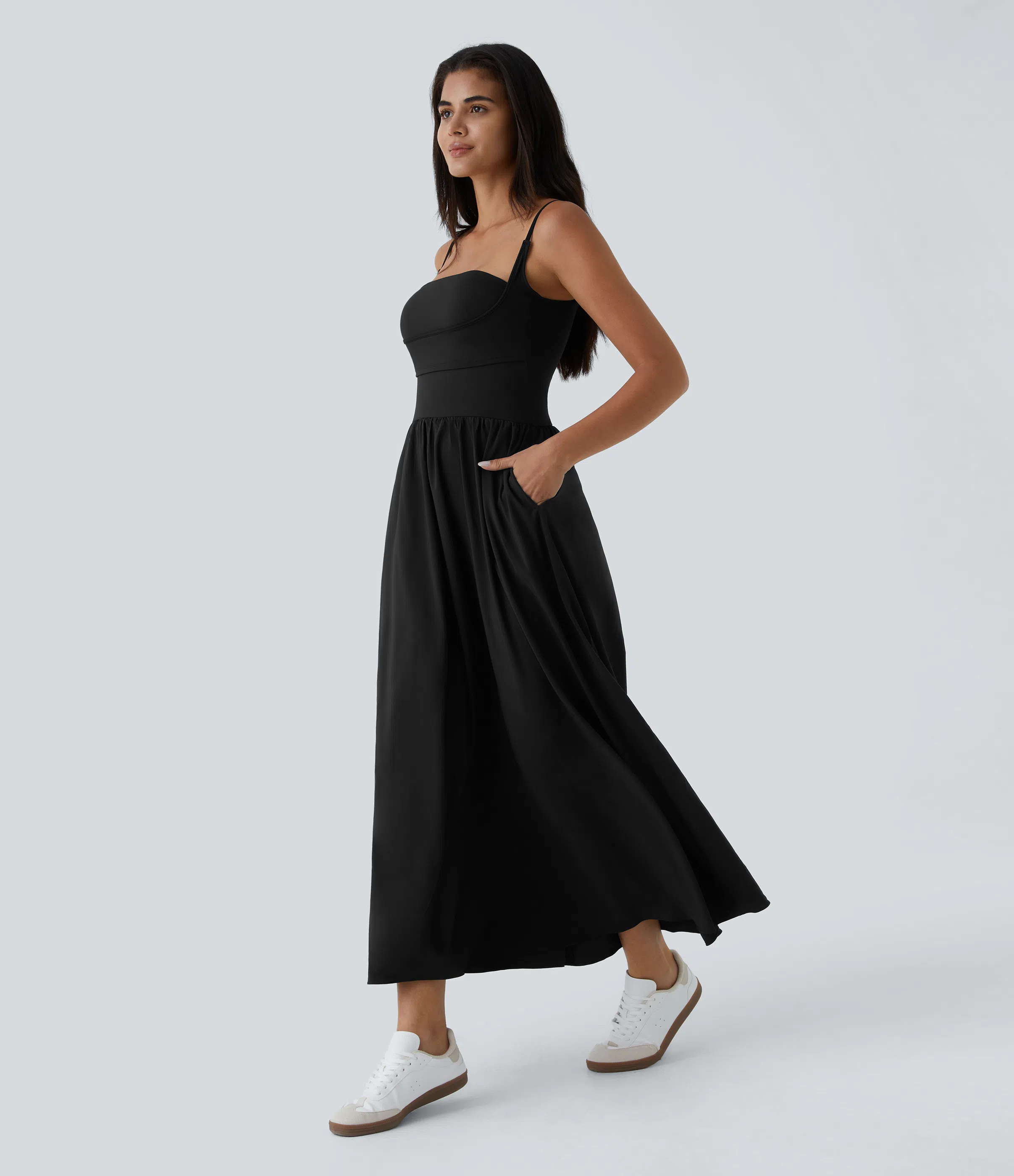 Backless Side Pocket Flowy Flare Maxi Quick Dry Casual Slip Dress