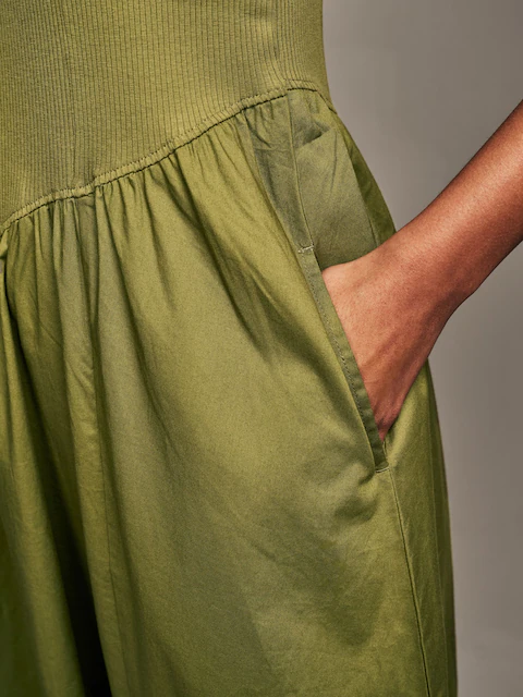 Khaki Green Woven Jersey Mix Sleeveless Racer Ribbed Midi Dress